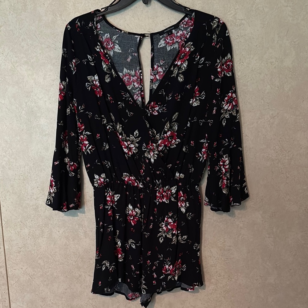 Black with Red Floral Short Romper Size Medium